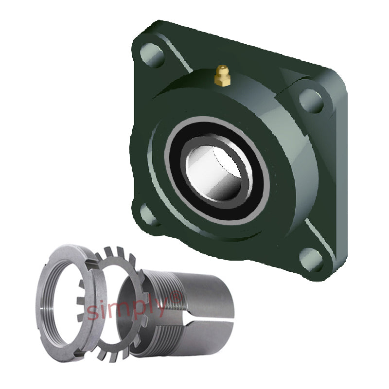 NTN UKF310D1/HA2310 Imperial Four Bolt Square Cast Iron Housing Insert and Adaptor Sleeve Fits 1-11/16 inch Shaft - Allow 2-3 Days