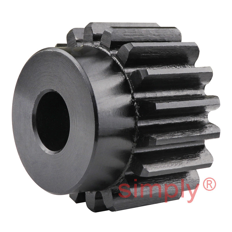 SSB20/18B-12 Metric EN8 Spur Gear 18 Tooth 2 Mod Pilot Bored 14mm Or Smaller (H8) Black Oxide Finish