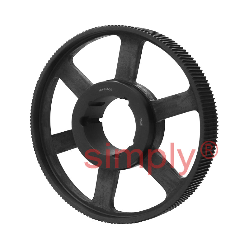 TL168-8M-50 - 8mm Pitch 168 Tooth Flangeless HTD Type Cast Iron Taper Bore Timing Pulley for 50mm Wide Belts